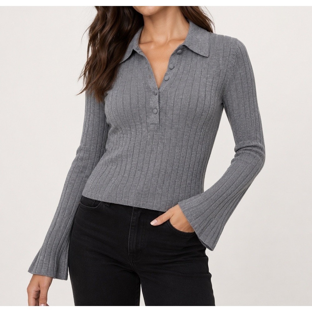 Banana Republic Nezha Merino Wool Ribbed Polo Sweater Gray S NWT